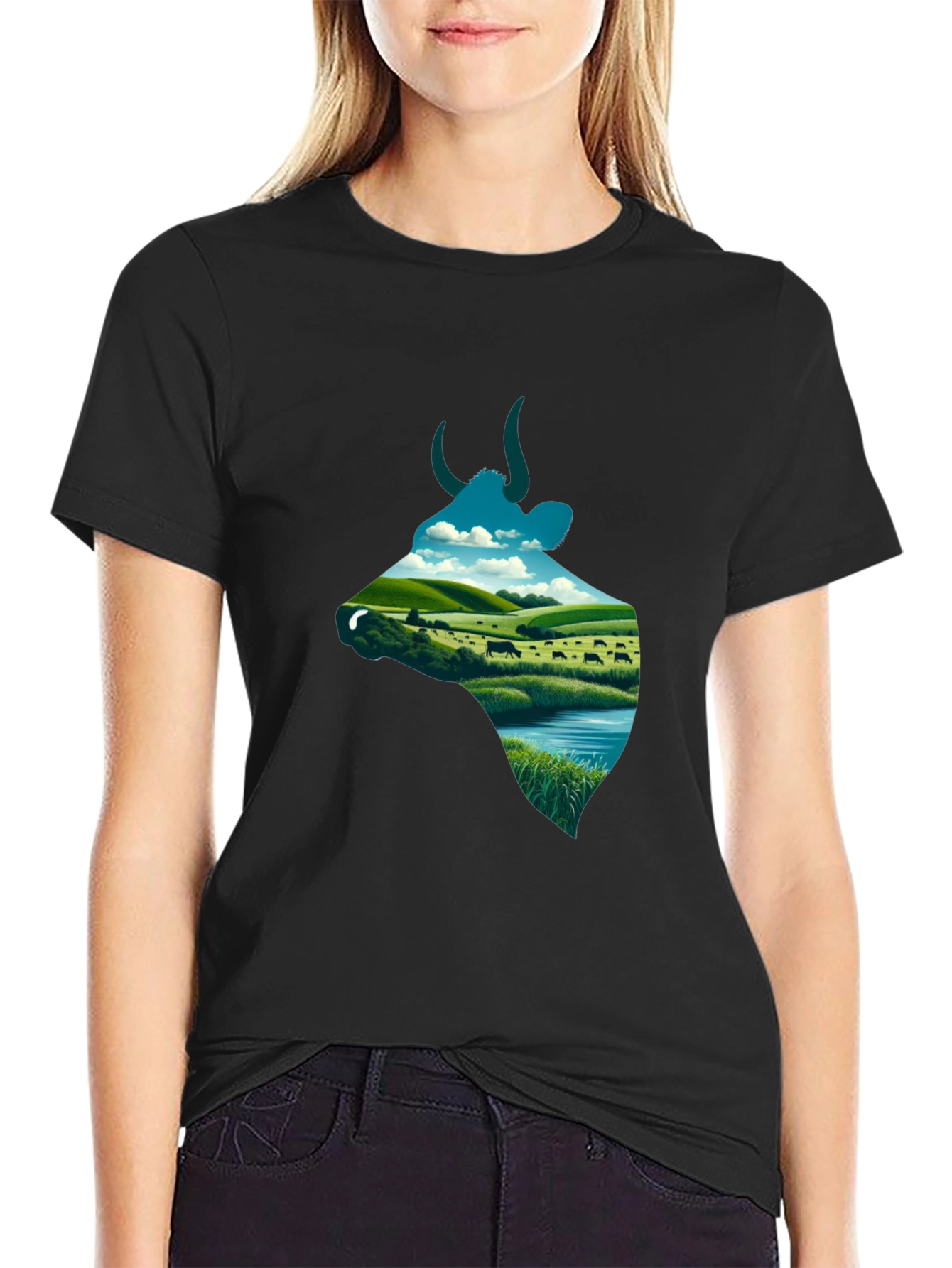 Cow Silhouette Farm Scene Graphic Tee