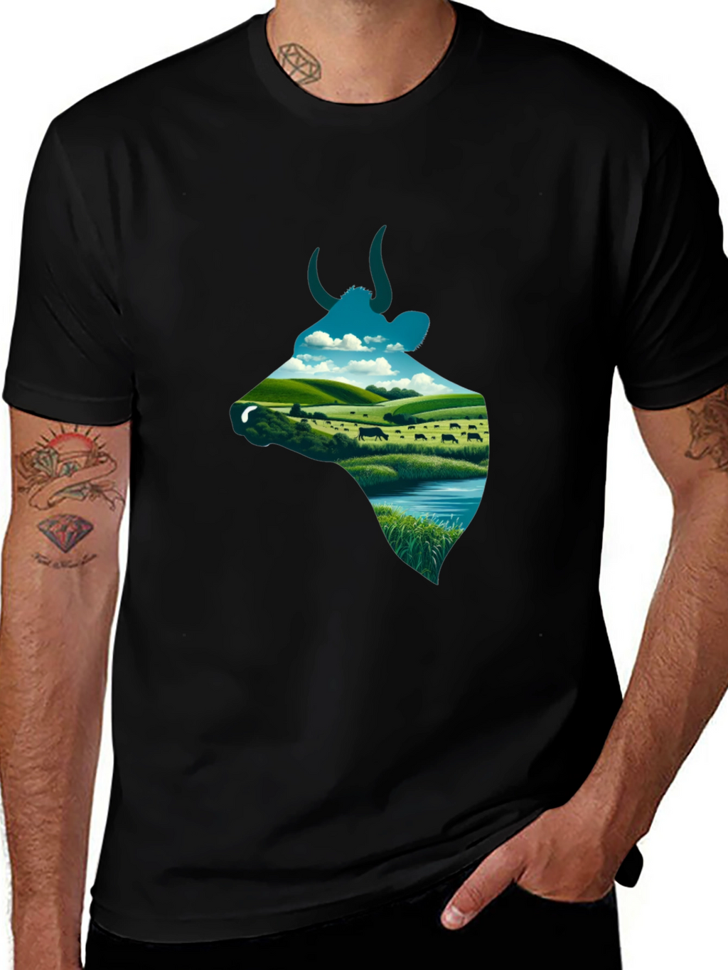 Cow Silhouette Farm Scene Graphic Tee