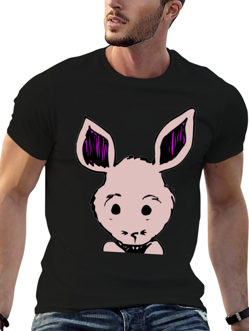 Bunny Graphic Tee - Black Cotton Blend Casual T-Shirt