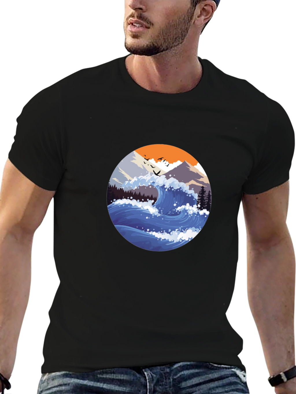 Wave Graphic Mens Black T-Shirt