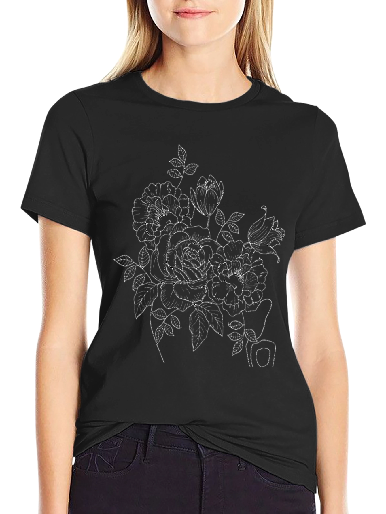 Black Floral Sketch T-Shirt