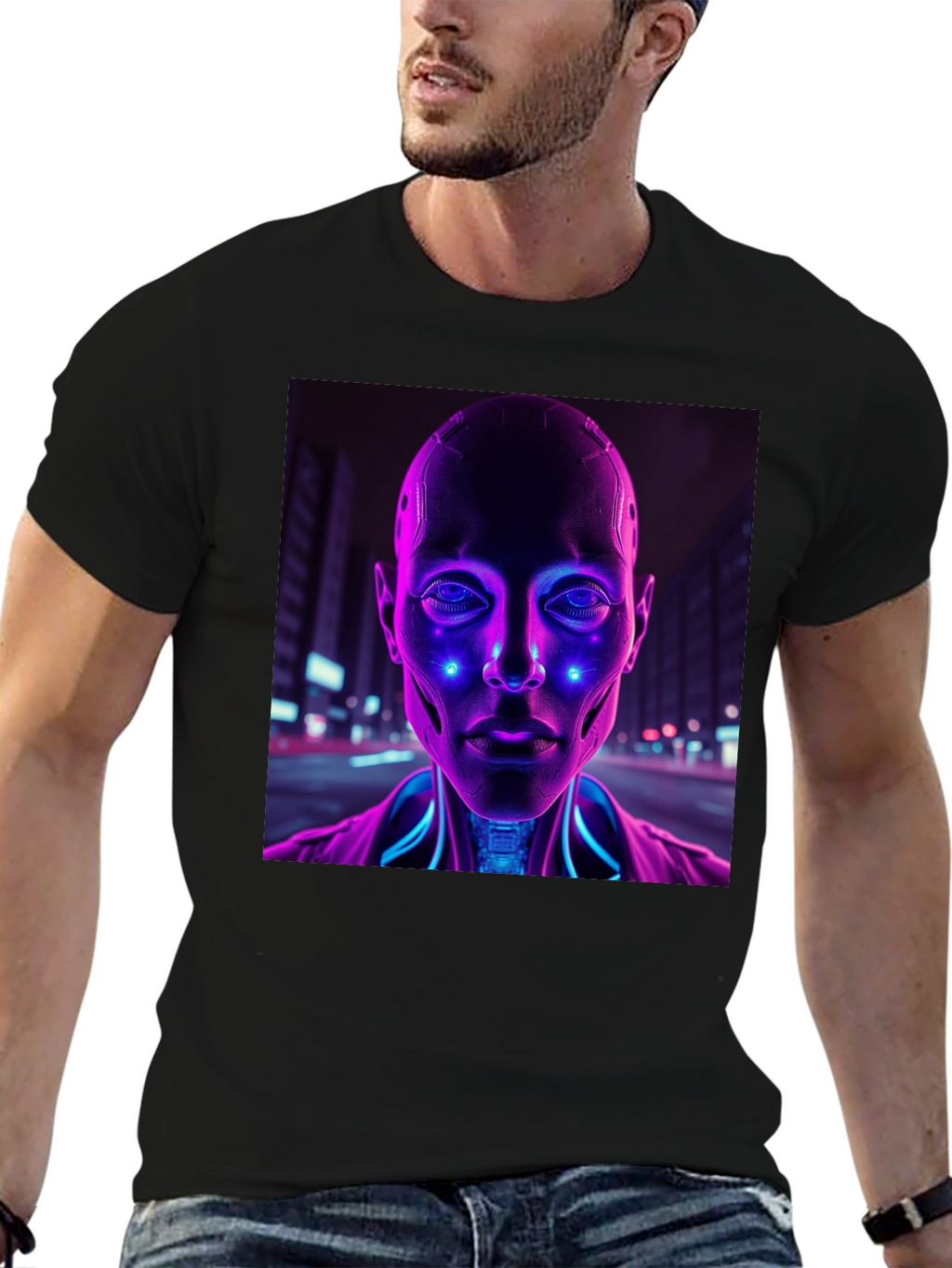 Cyberpunk Robot Portrait Black T-Shirt