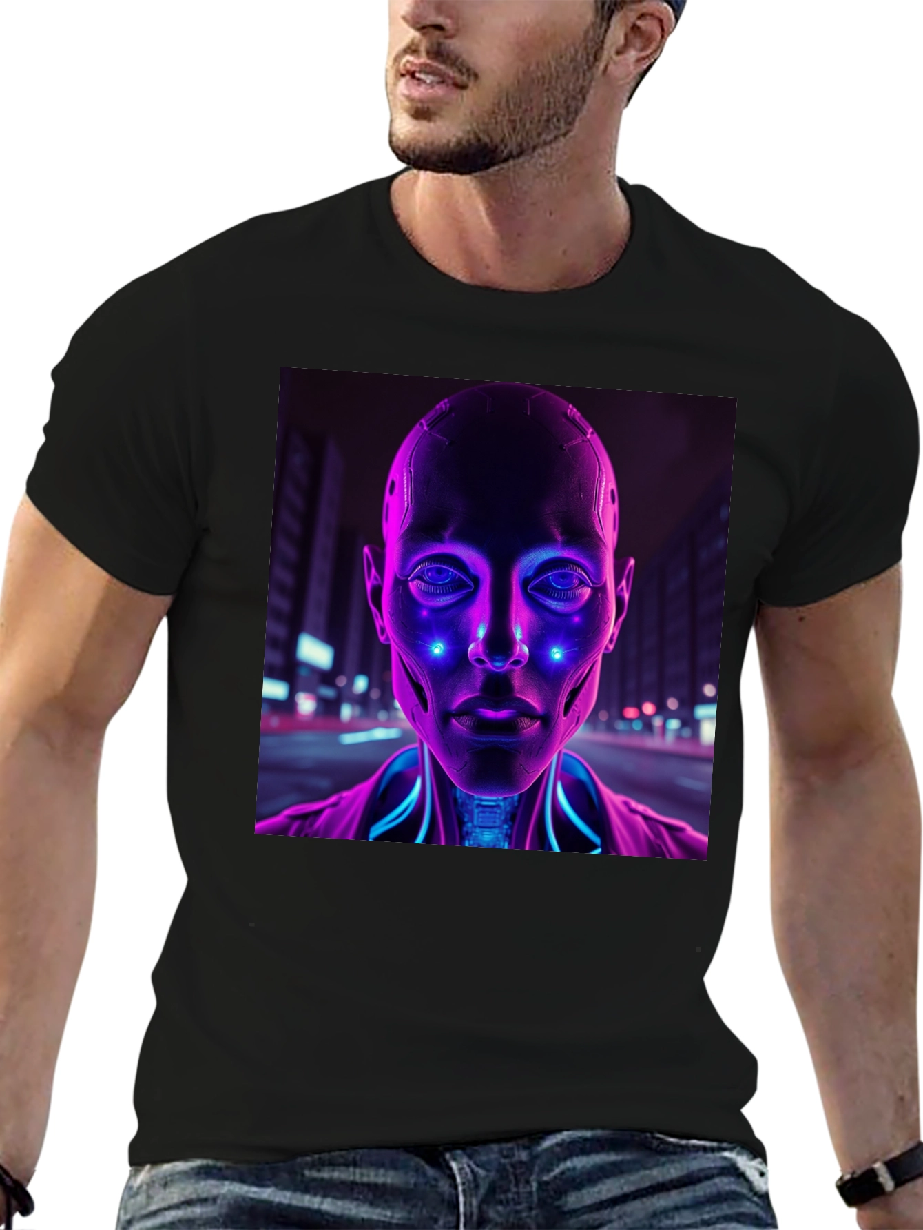 Cyberpunk Robot Portrait Black T-Shirt