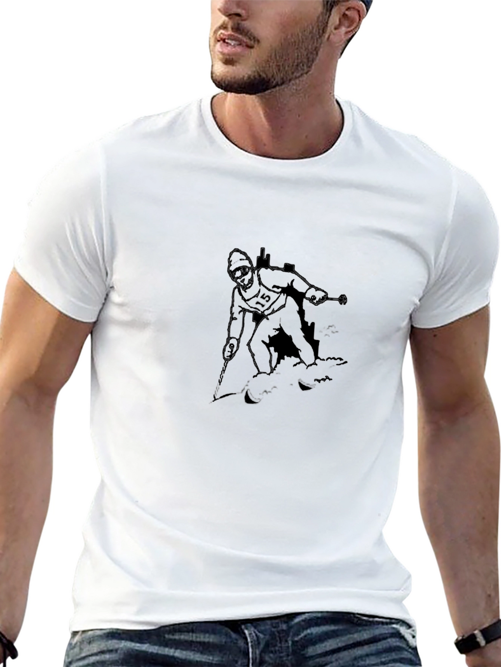 Skier Graphic Tee - Black Cotton Casual