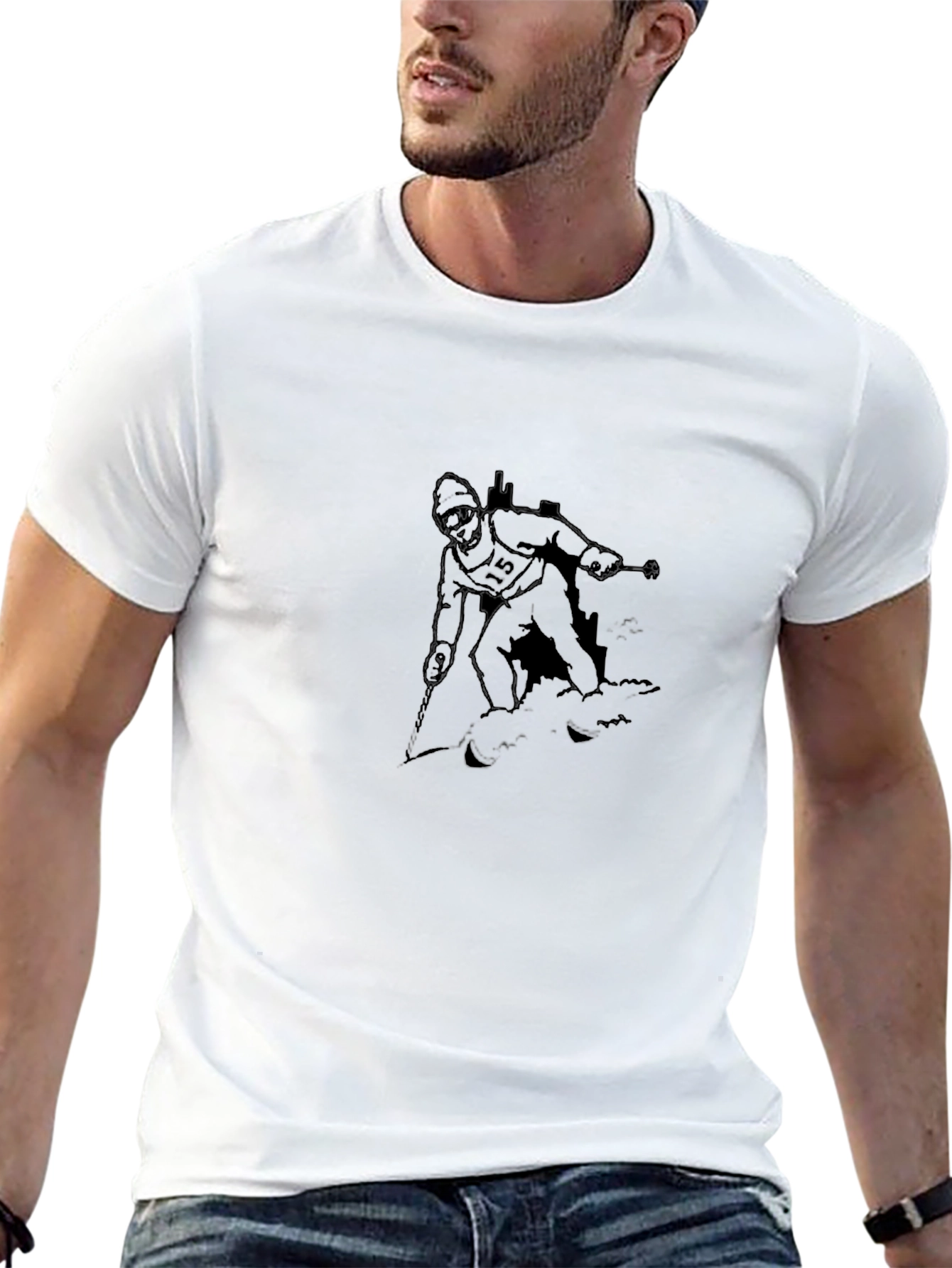 Skier Graphic Tee - Black Cotton Casual
