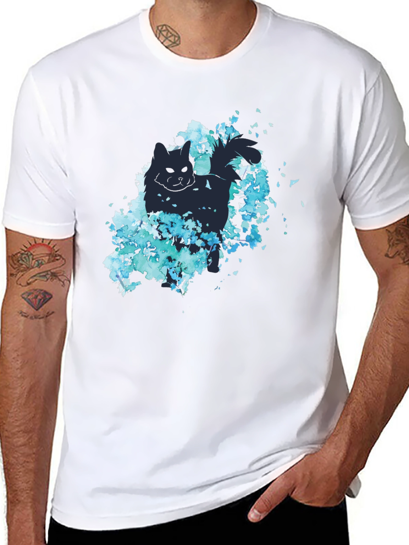 Cat Silhouette Floral Graphic Tee - Black