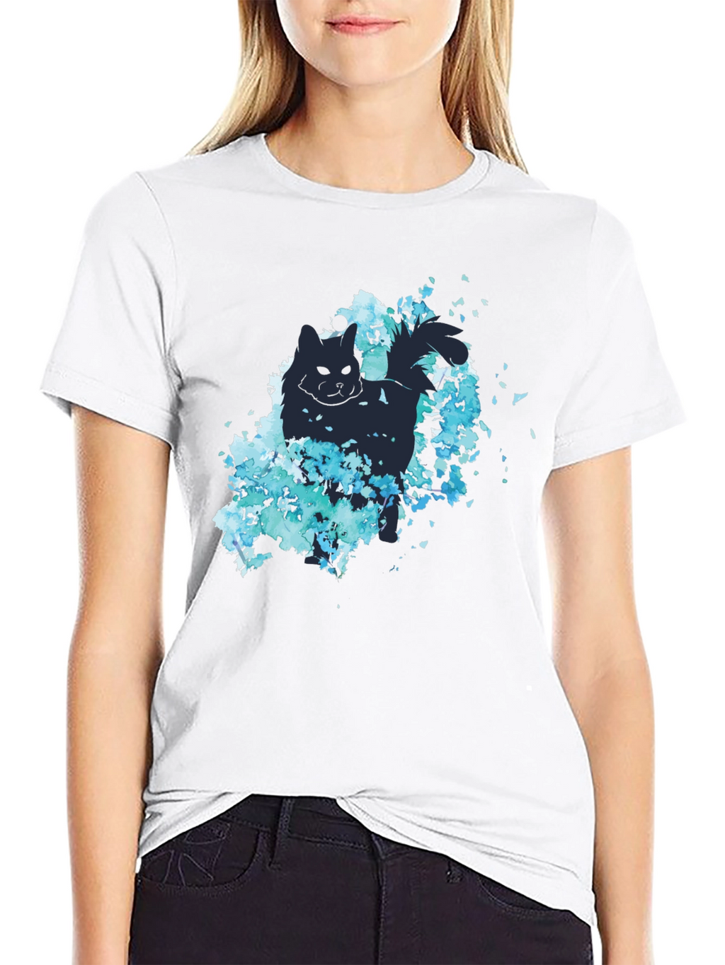 Cat Silhouette Floral Graphic Tee - Black