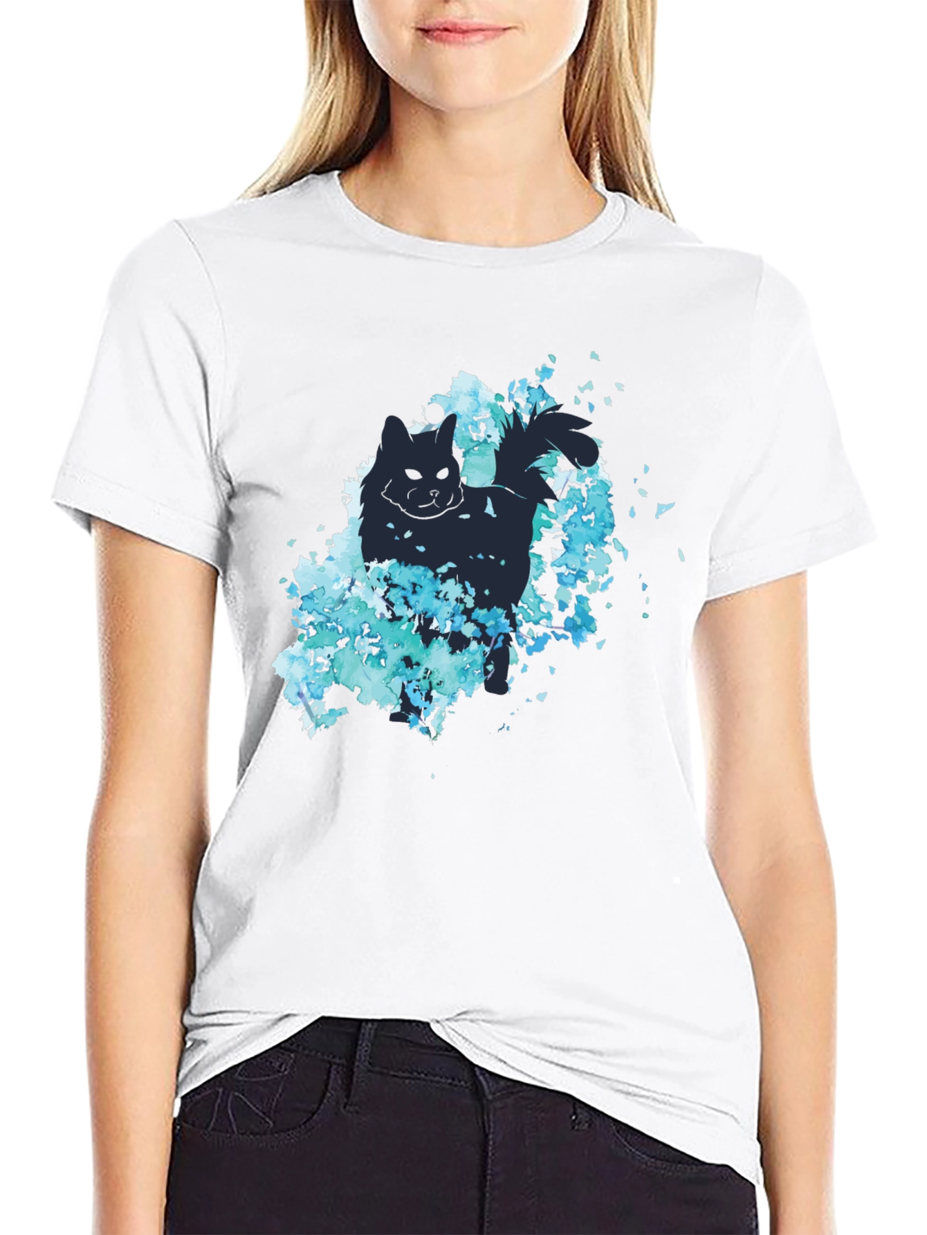 Cat Silhouette Floral Graphic Tee - Black