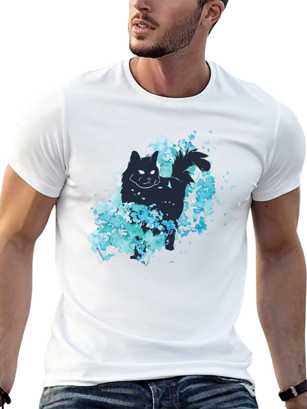 Cat Silhouette Floral Graphic Tee - Black
