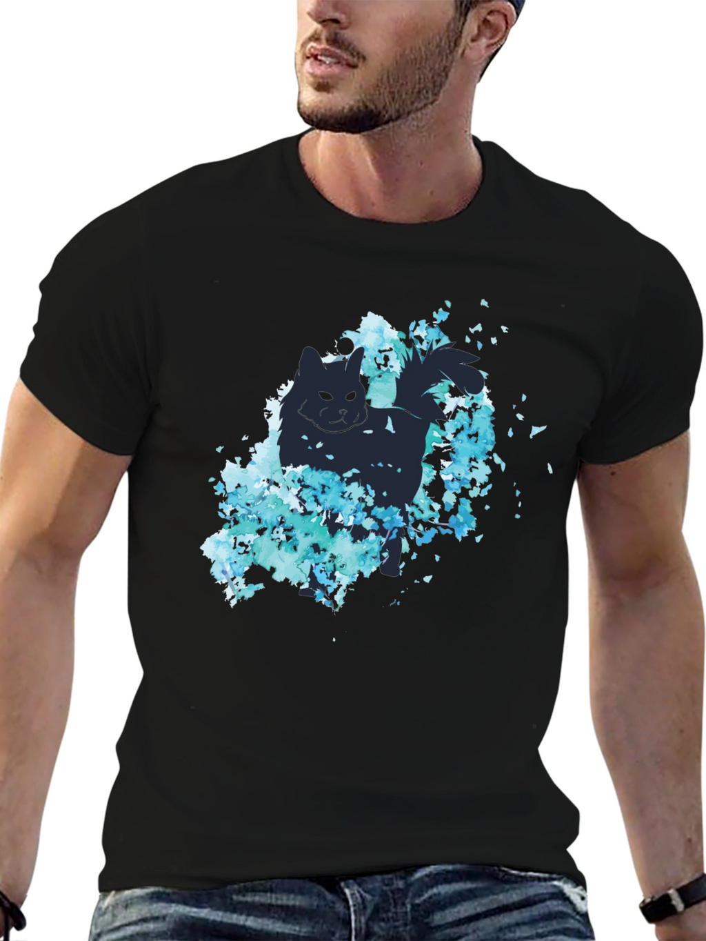 Cat Silhouette Floral Graphic Tee - Black