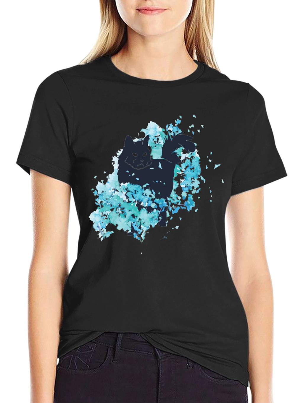 Cat Silhouette Floral Graphic Tee - Black