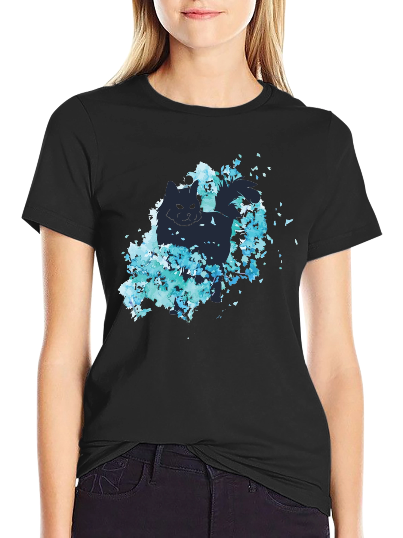 Cat Silhouette Floral Graphic Tee - Black