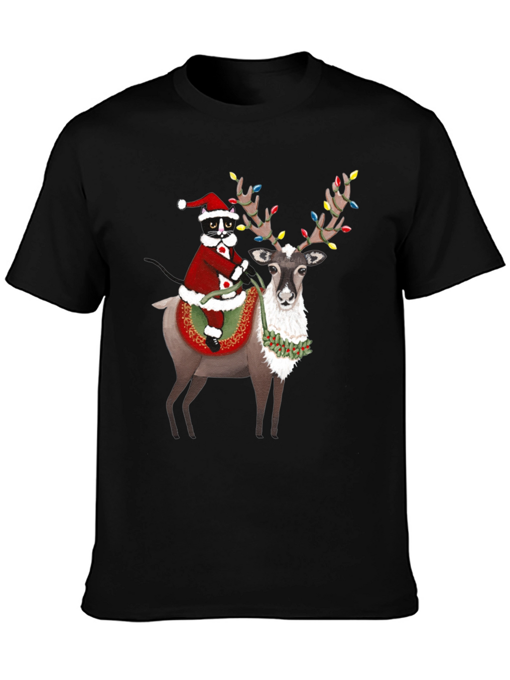 Festive Christmas Cat Riding Reindeer T-Shirt