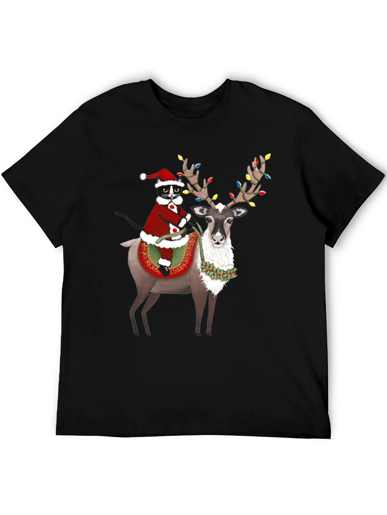 Festive Christmas Cat Riding Reindeer T-Shirt