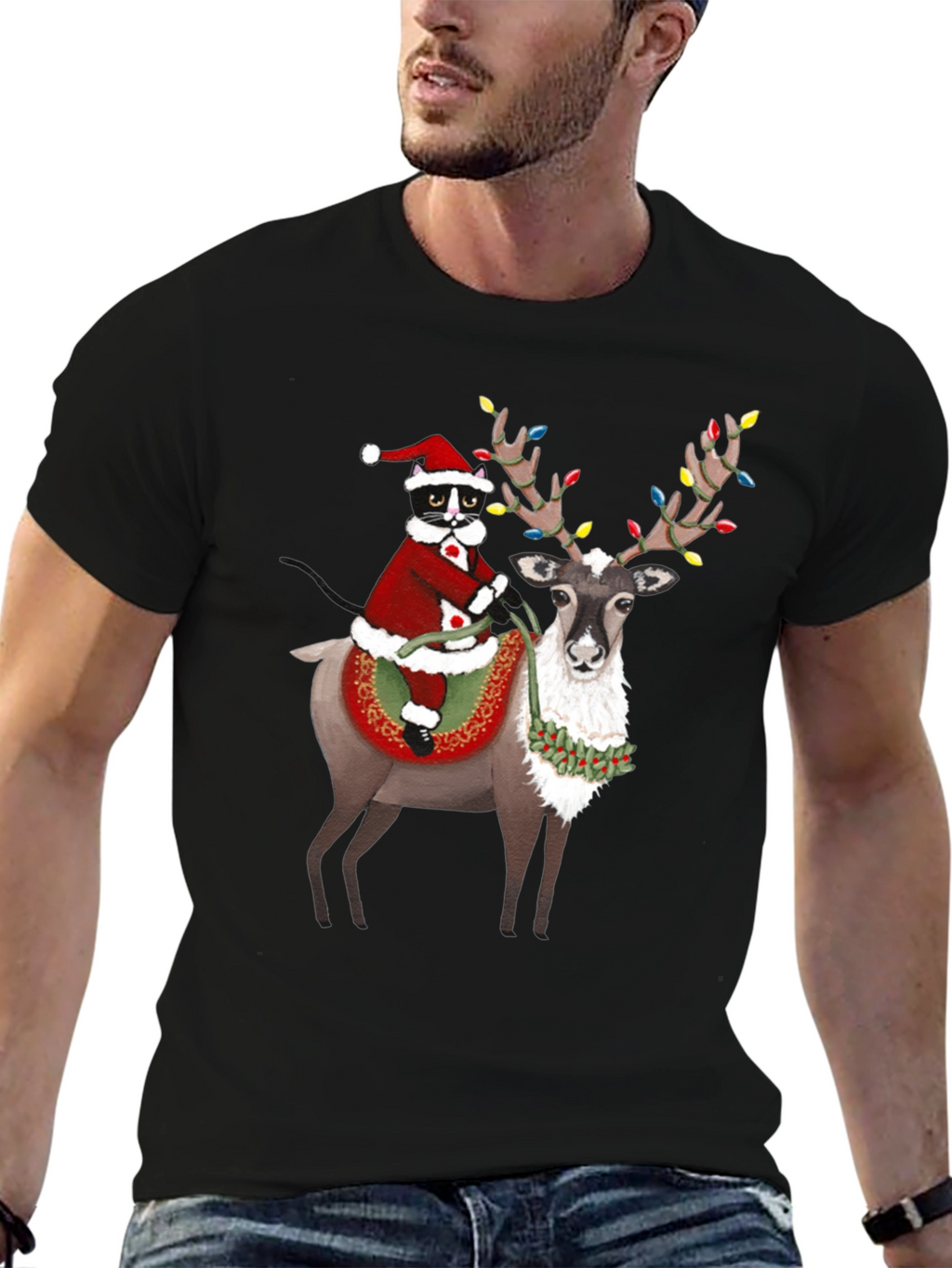 Festive Christmas Cat Riding Reindeer T-Shirt
