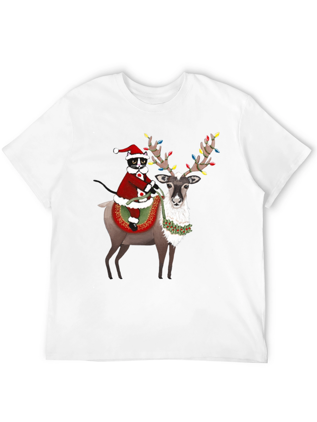 Festive Christmas Cat Riding Reindeer T-Shirt