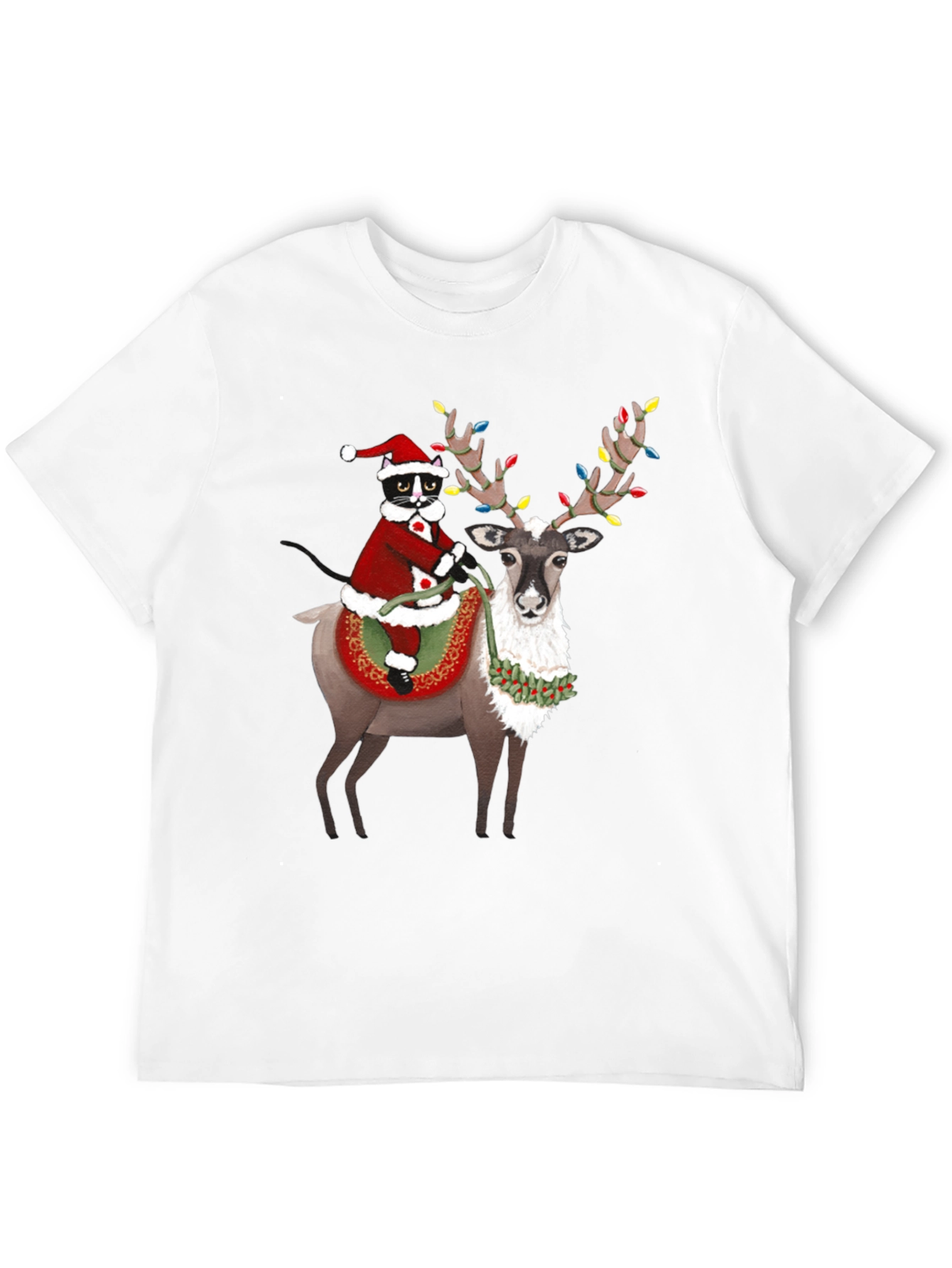 Festive Christmas Cat Riding Reindeer T-Shirt