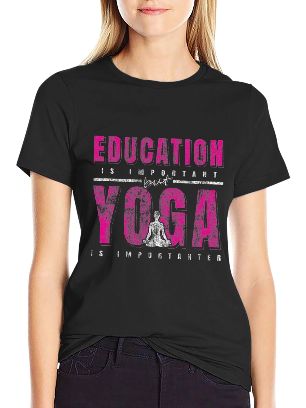 Education vs Yoga Graphic Print Black T-Shirt