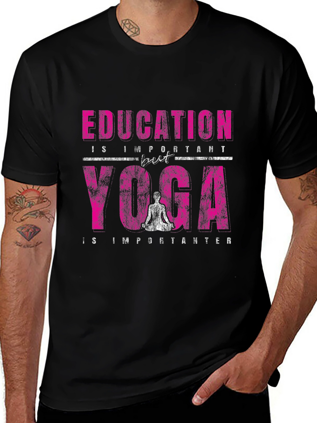 Education vs Yoga Graphic Print Black T-Shirt
