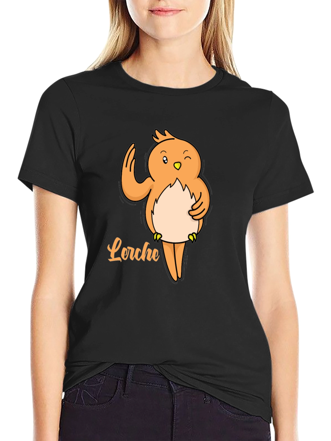 Cute Lorche Bird Graphic Tee - Black Cotton T-Shirt