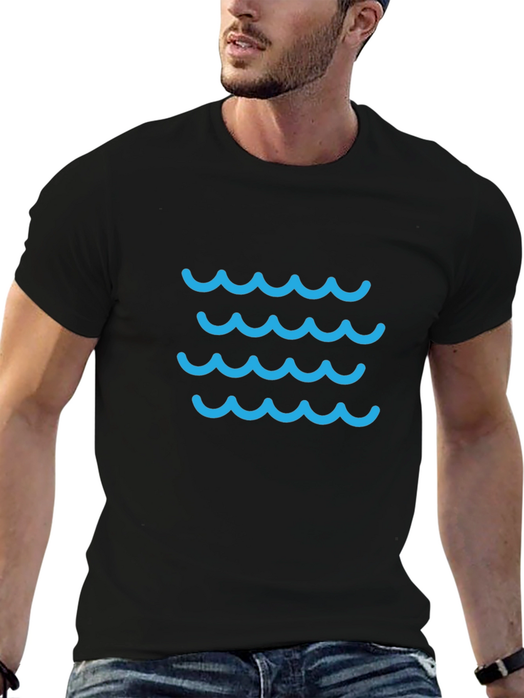 Blue Waves Graphic Tee - Casual Black T-Shirt