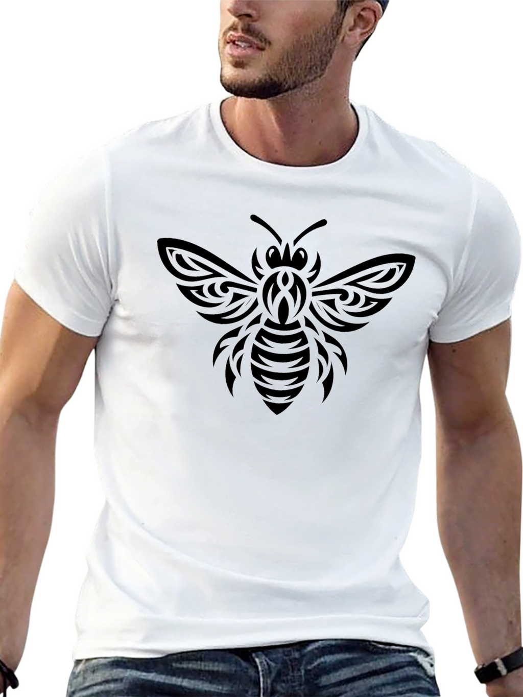 Tribal Bee Graphic Tee - Black Cotton Casual T-Shirt