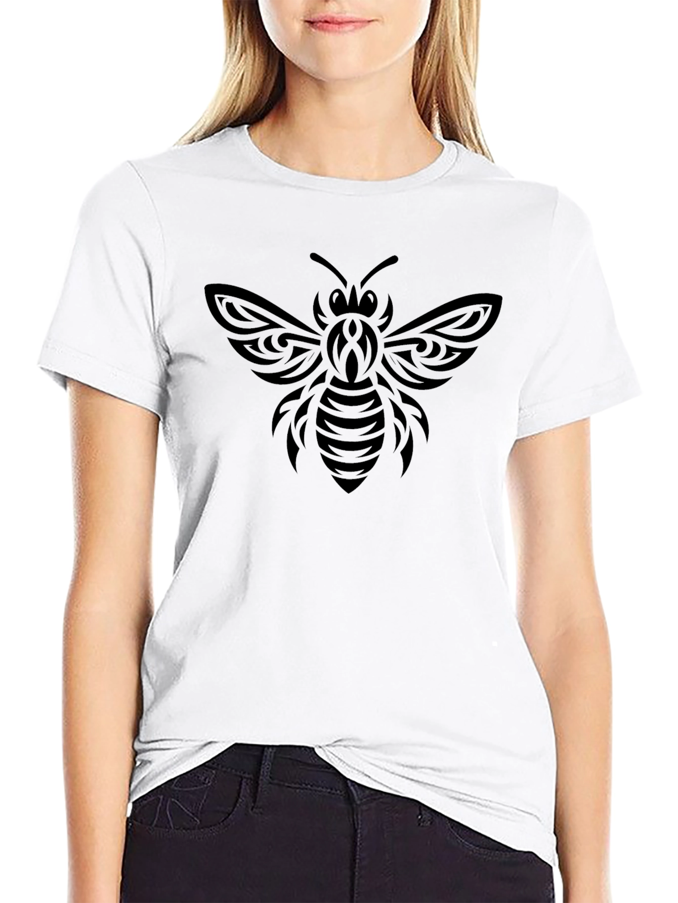 Tribal Bee Graphic Tee - Black Cotton Casual T-Shirt