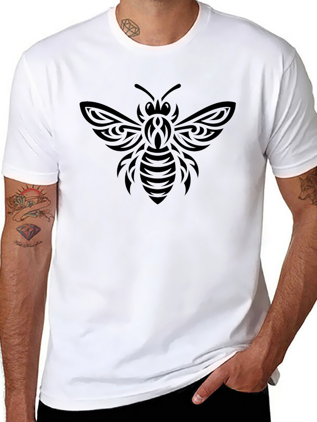 Tribal Bee Graphic Tee - Black Cotton Casual T-Shirt