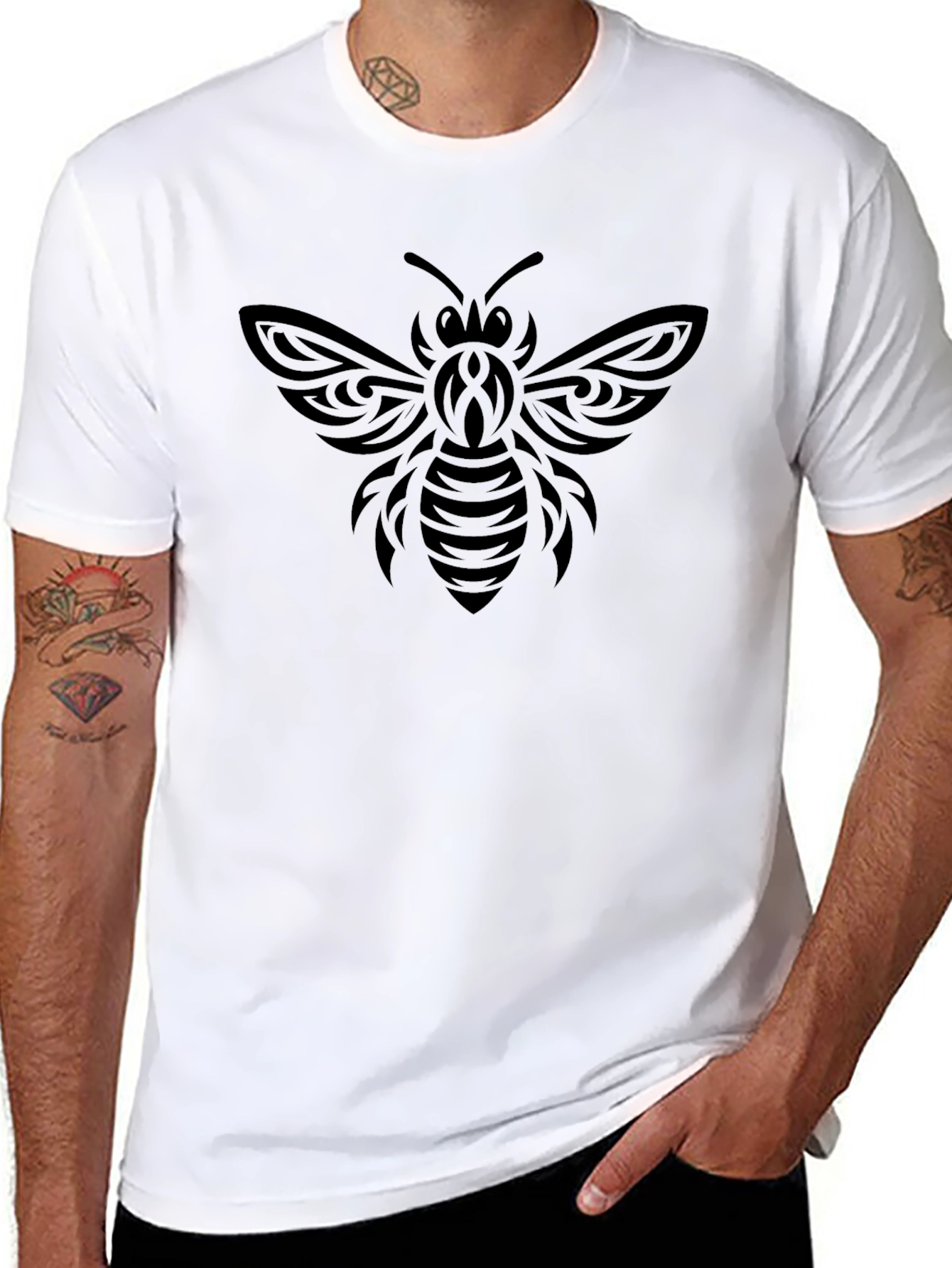 Tribal Bee Graphic Tee - Black Cotton Casual T-Shirt