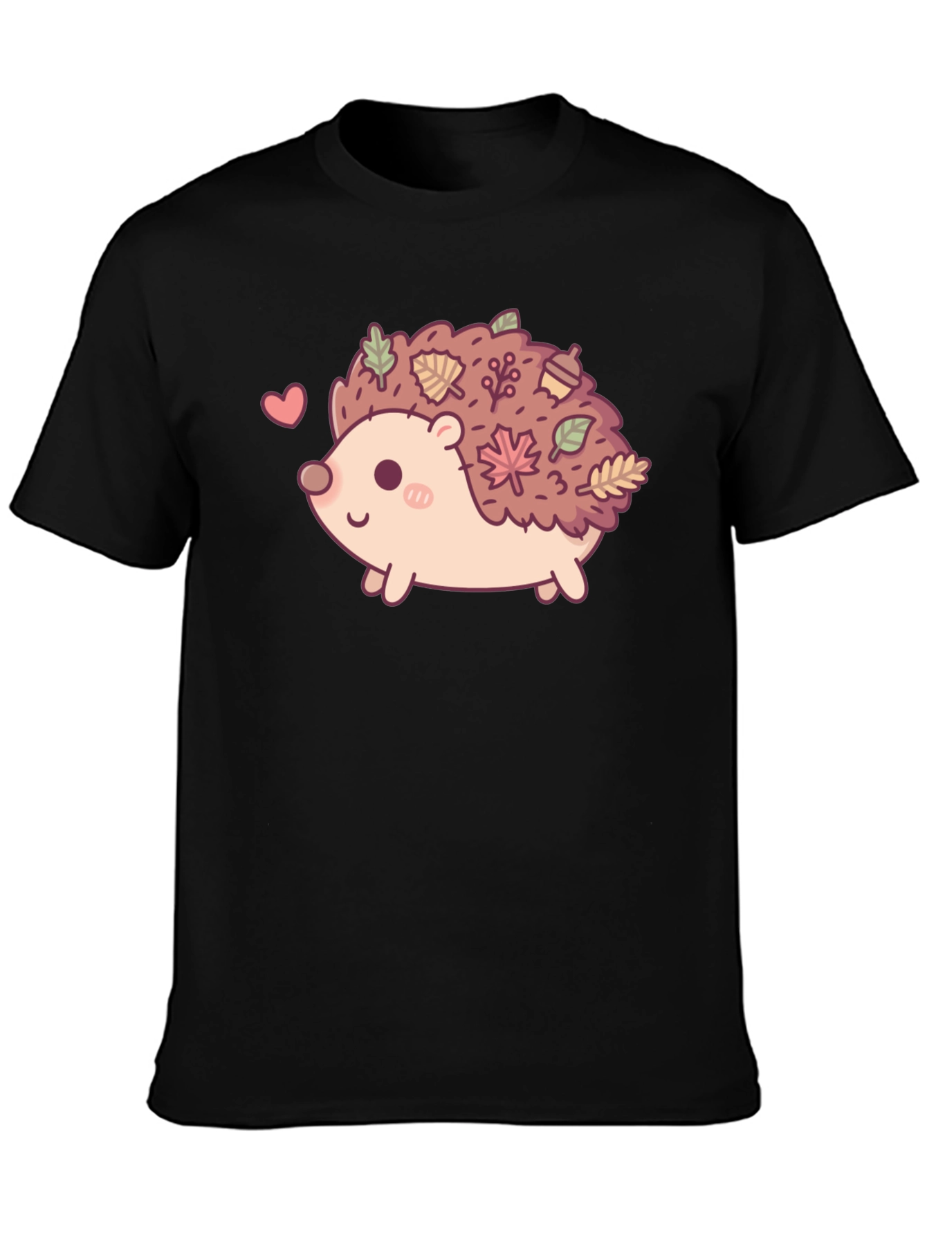 Cute Hedgehog Leaves Graphic Tee - Black