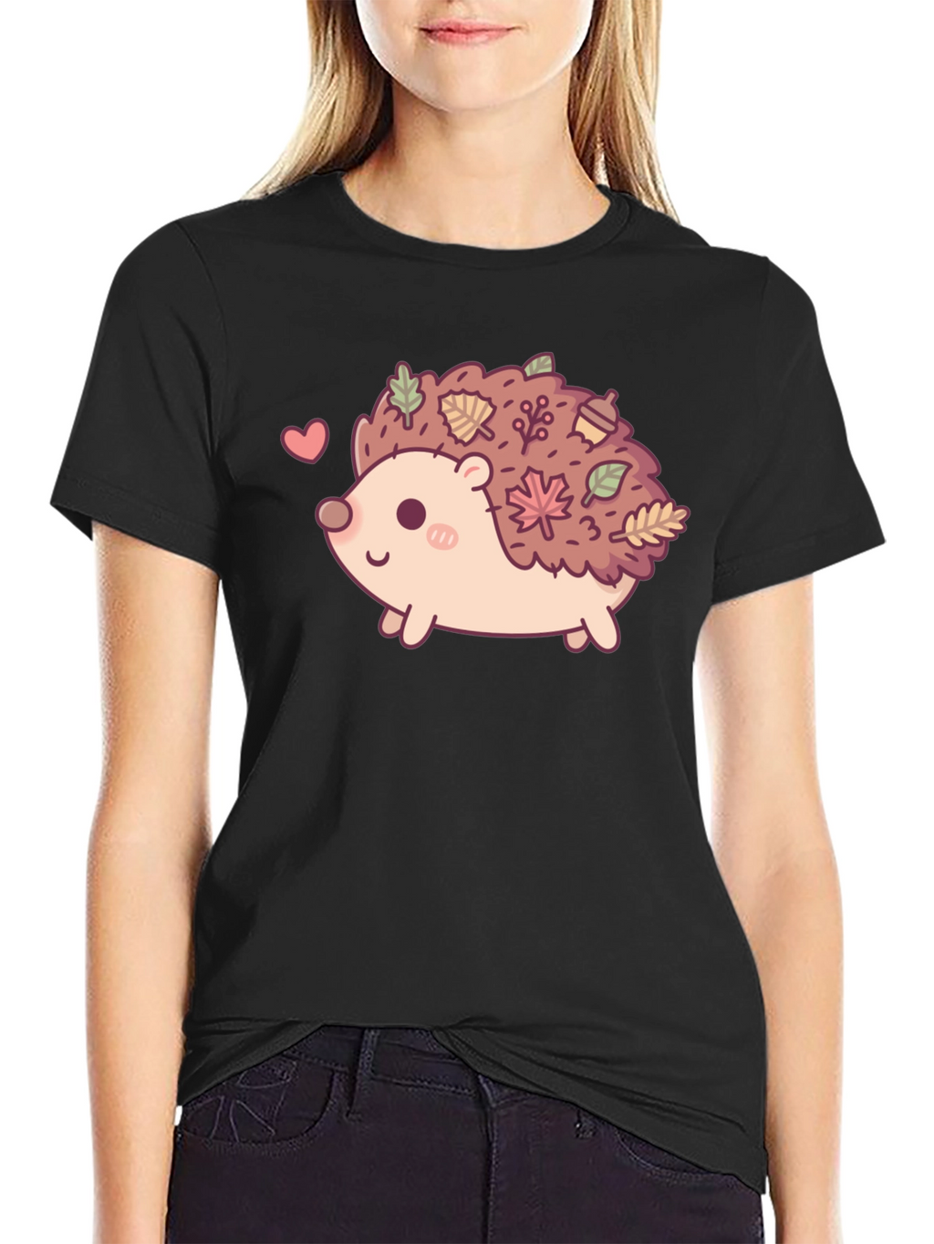 Cute Hedgehog Leaves Graphic Tee - Black