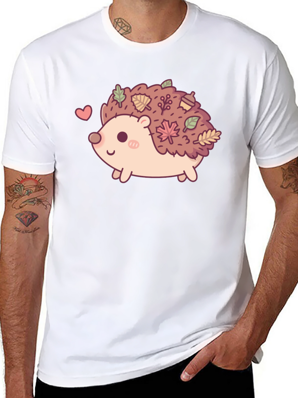 Cute Hedgehog Leaves Graphic Tee - Black
