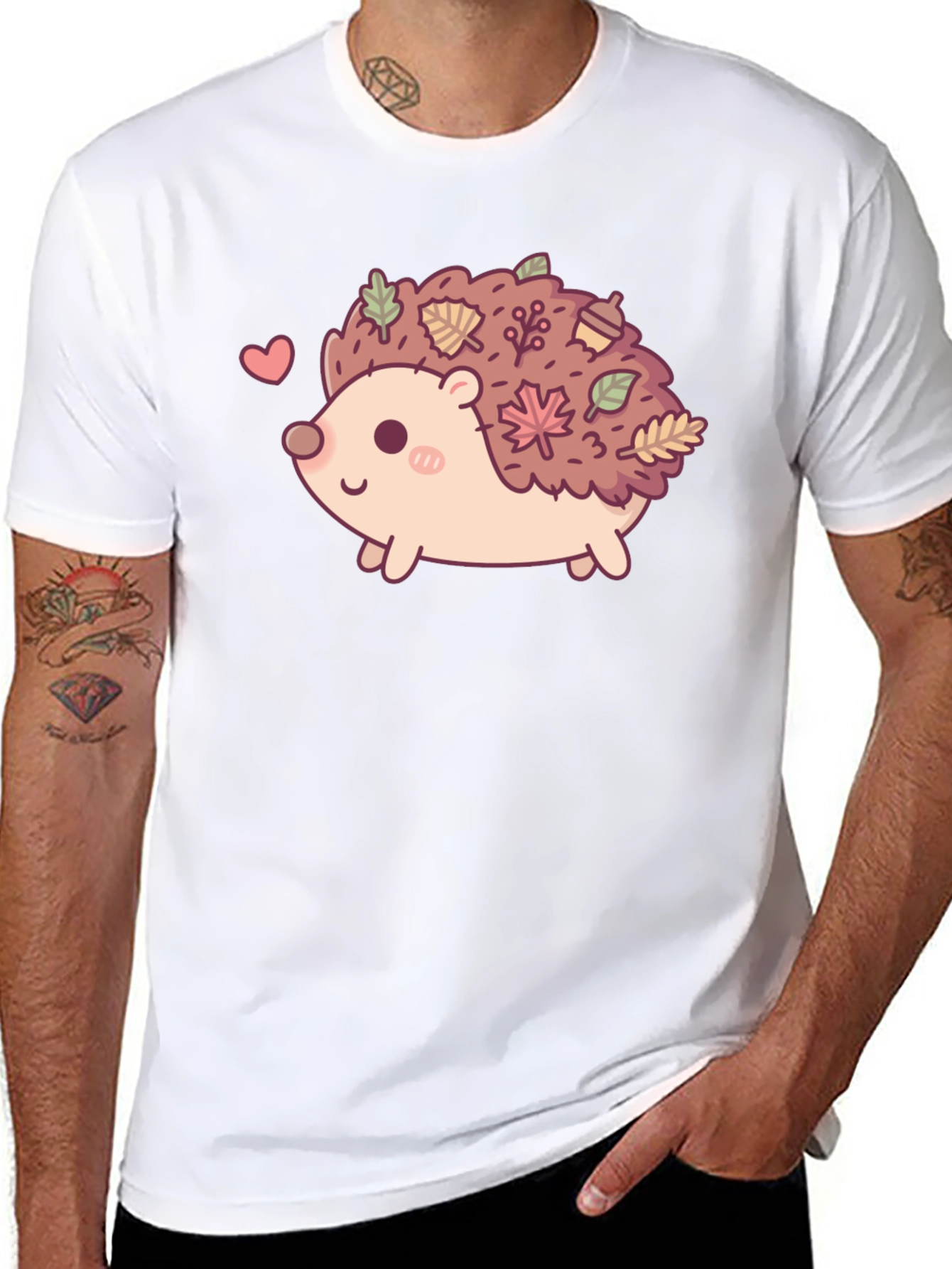 Cute Hedgehog Leaves Graphic Tee - Black