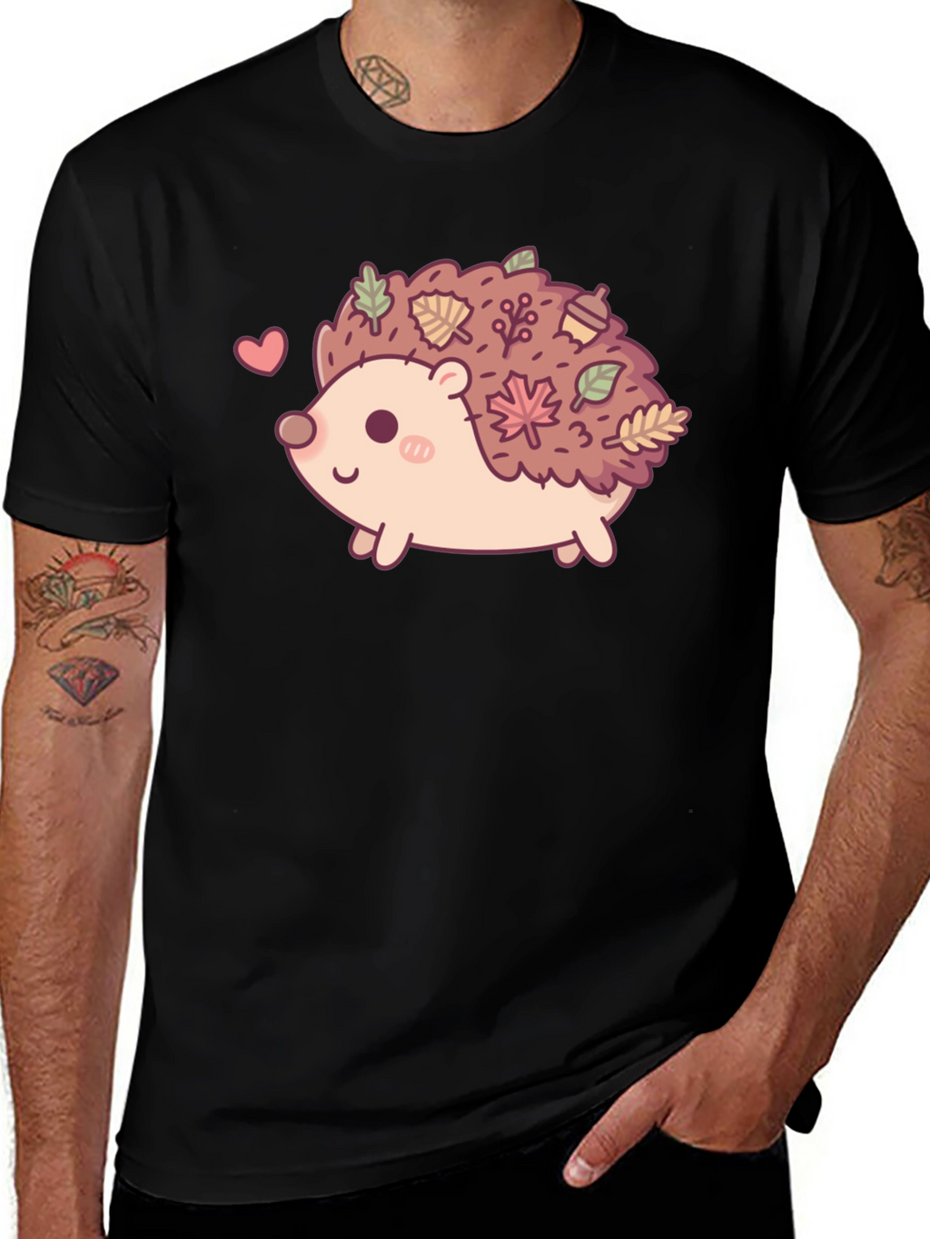 Cute Hedgehog Leaves Graphic Tee - Black
