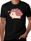 Cute Hedgehog Leaves Graphic Tee - Black