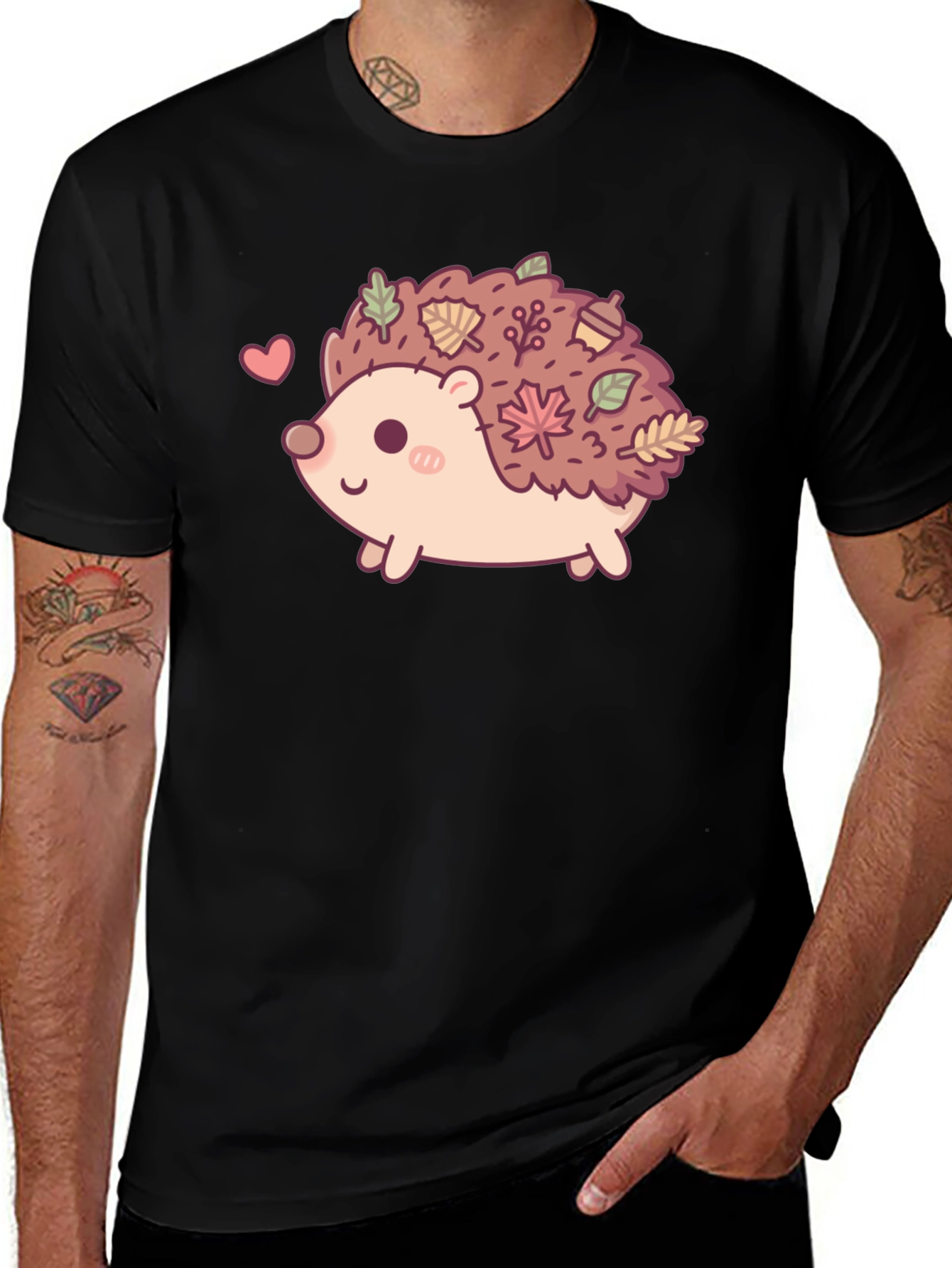 Cute Hedgehog Leaves Graphic Tee - Black