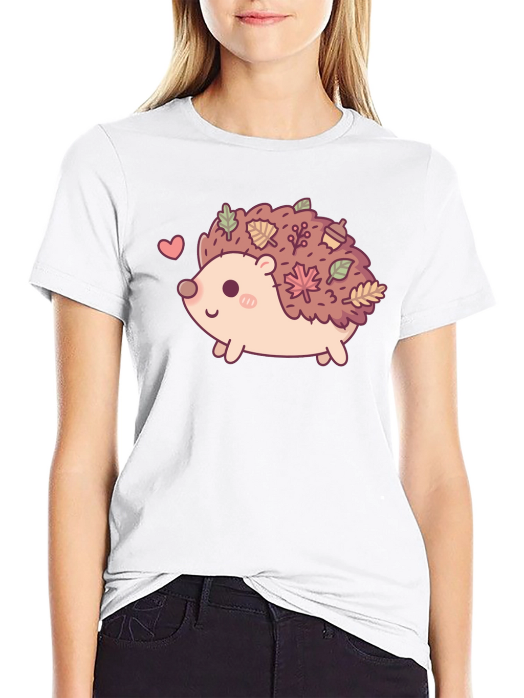 Cute Hedgehog Leaves Graphic Tee - Black