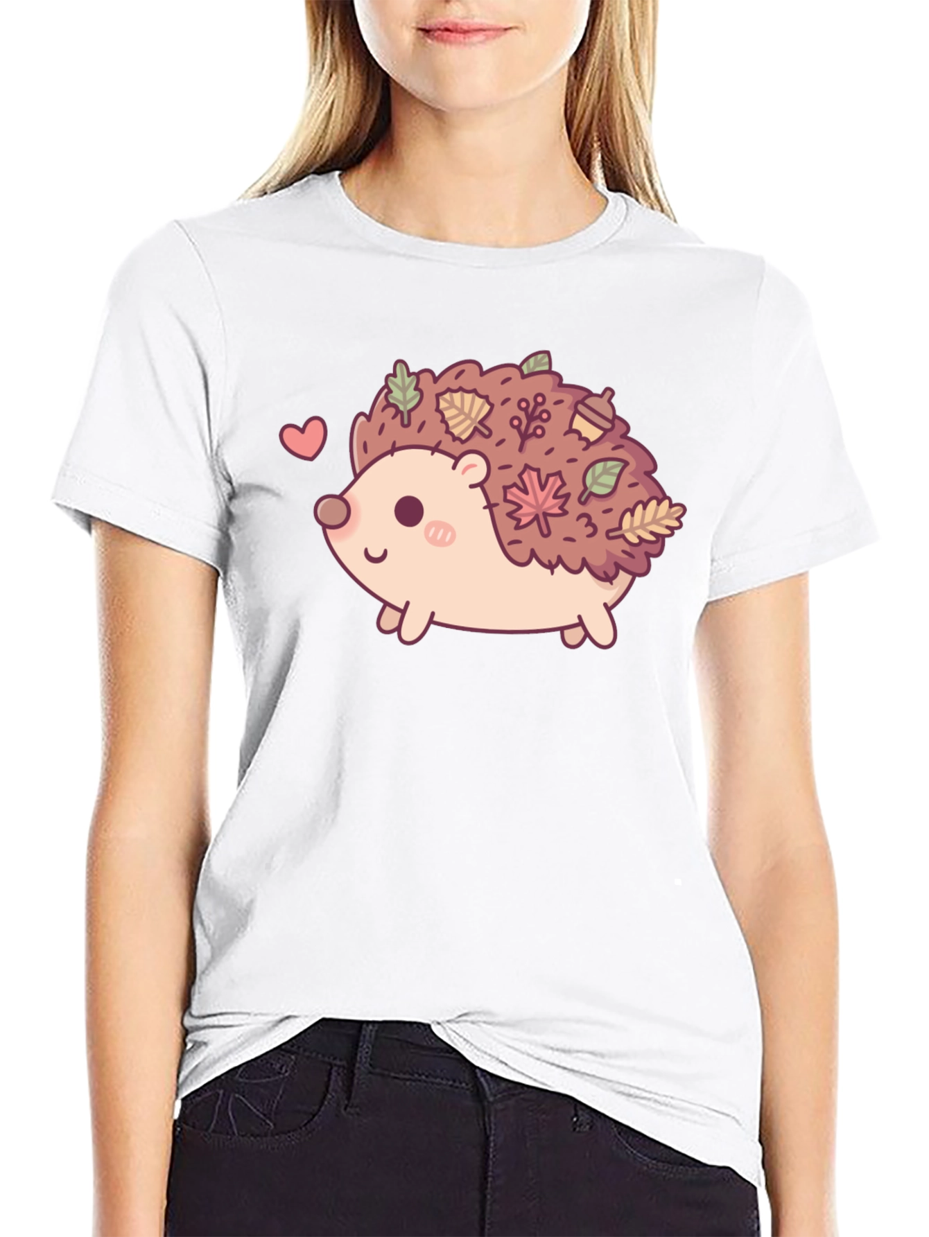 Cute Hedgehog Leaves Graphic Tee - Black