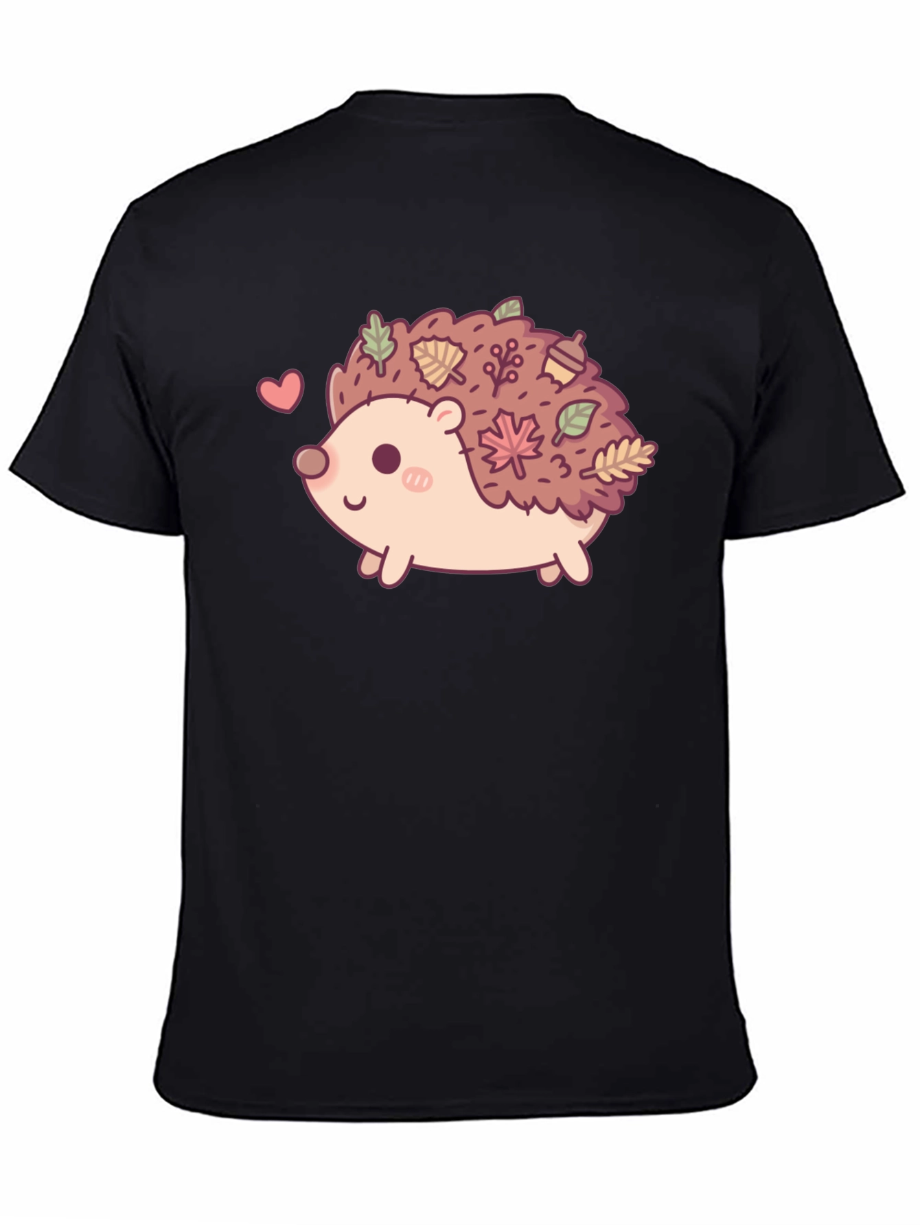 Cute Hedgehog Leaves Graphic Tee - Black