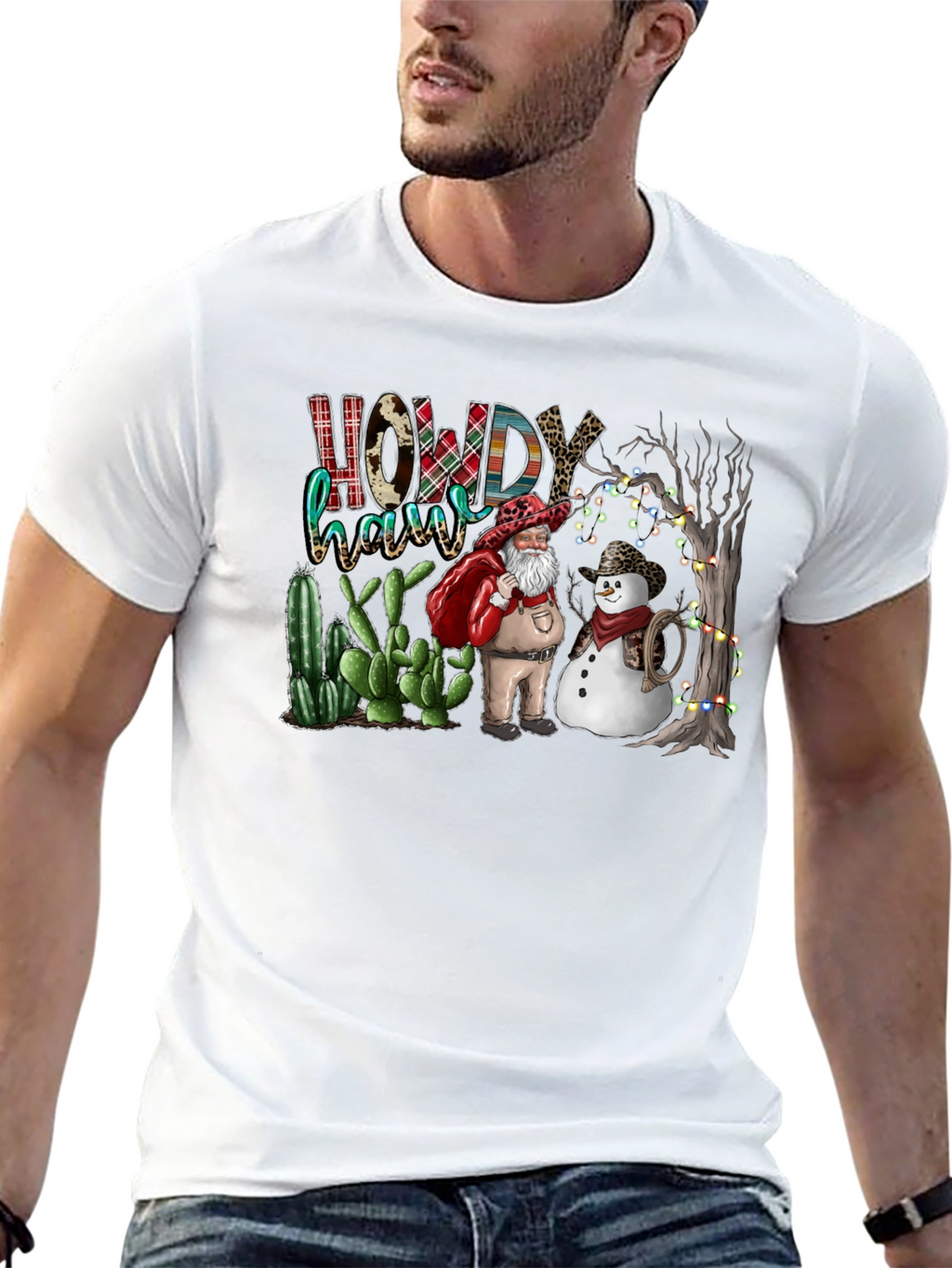 Western Christmas Santa & Snowman T-Shirt