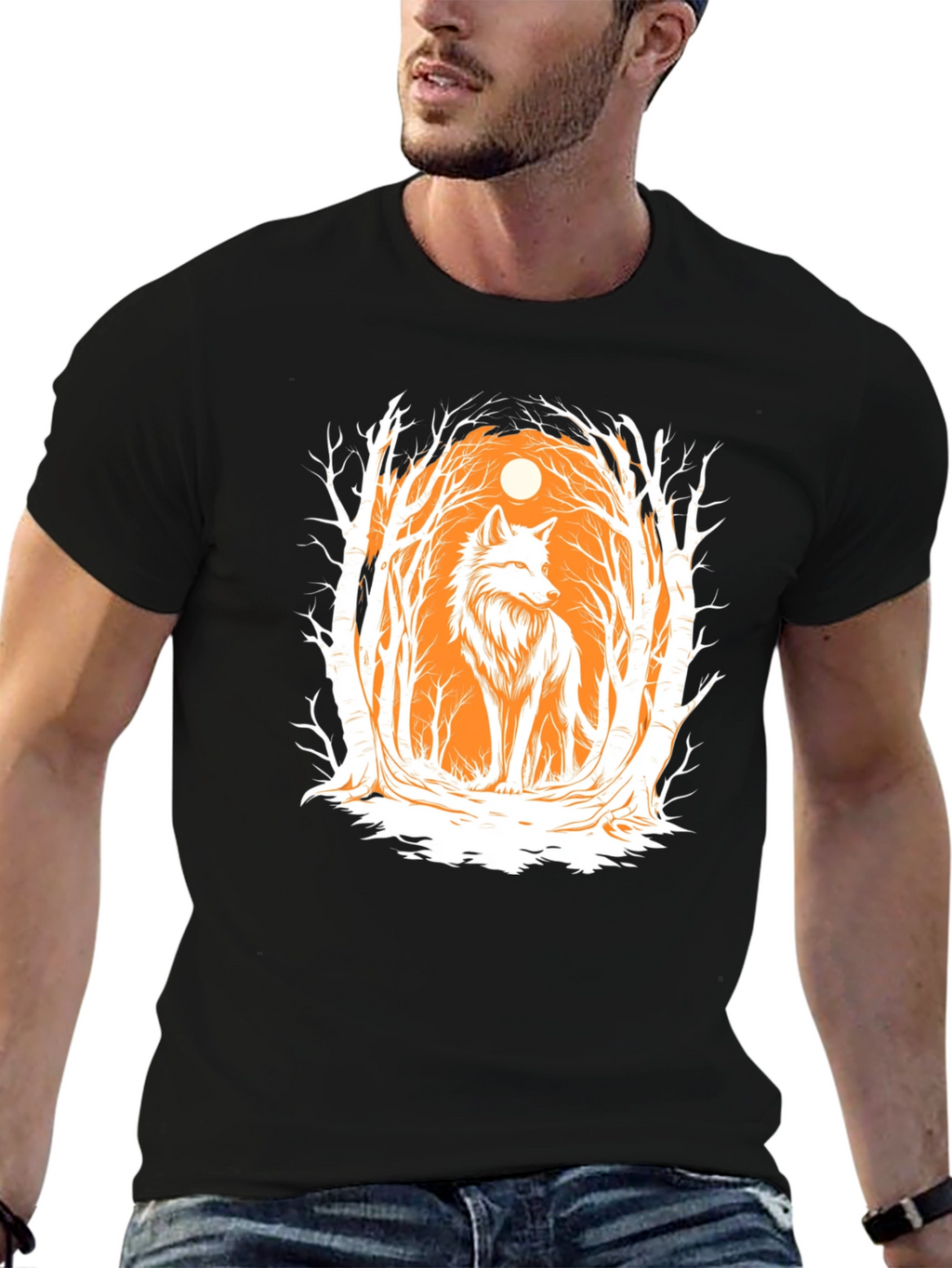 Wolf Forest Graphic Print T-Shirt - Black