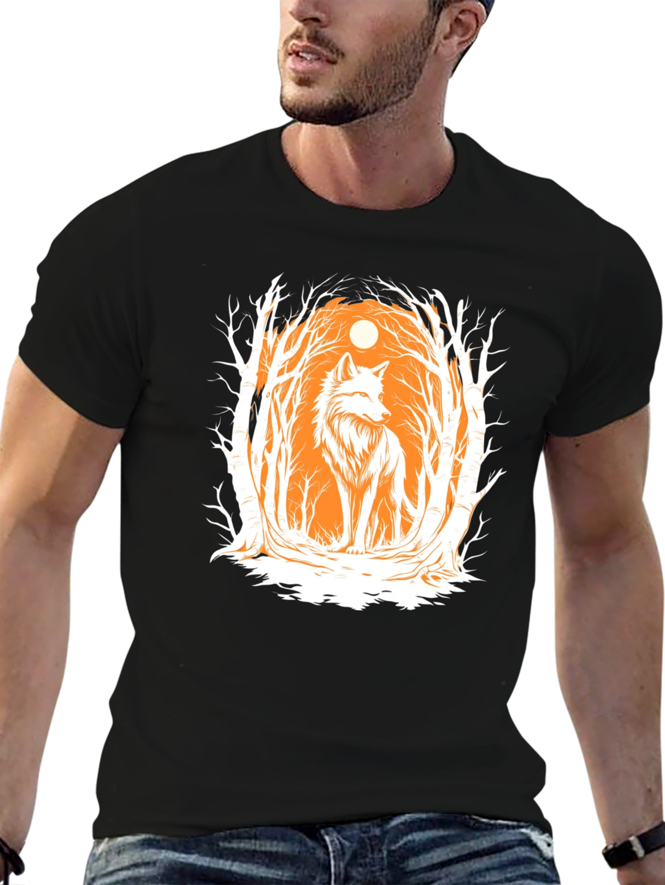 Wolf Forest Graphic Print T-Shirt - Black