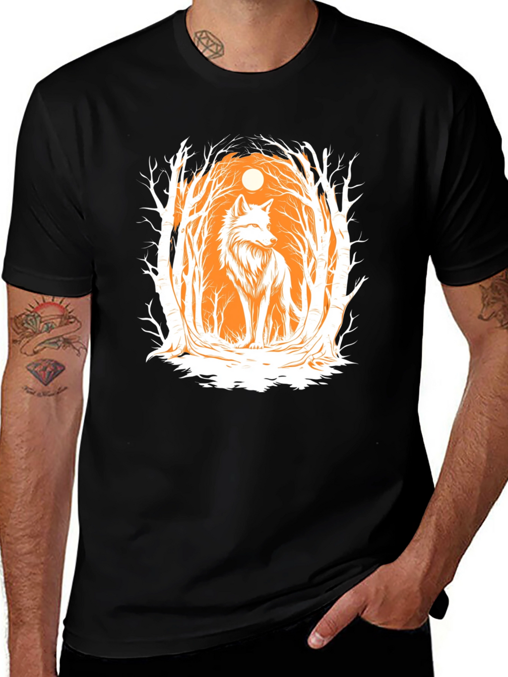 Wolf Forest Graphic Print T-Shirt - Black