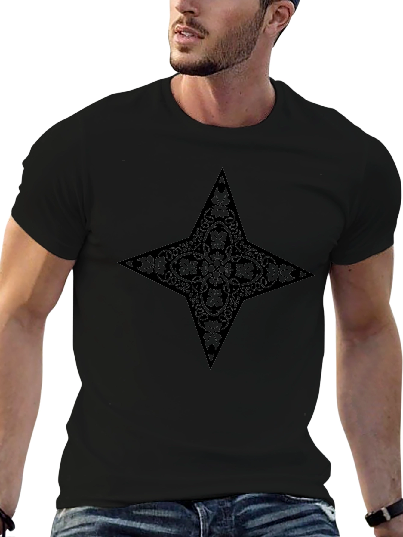 Stylish Black Tee with Ornate Star Design