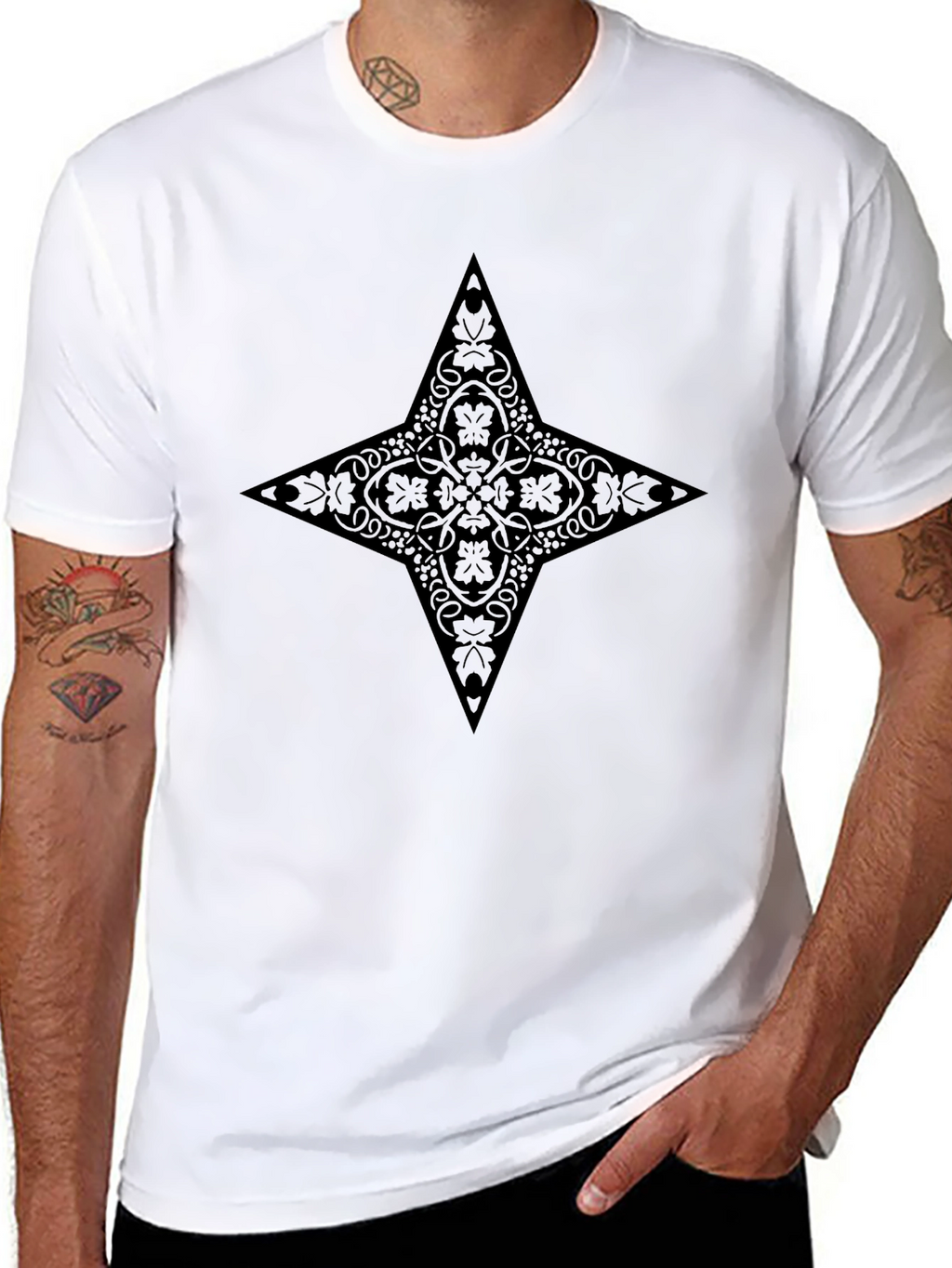 Stylish Black Tee with Ornate Star Design