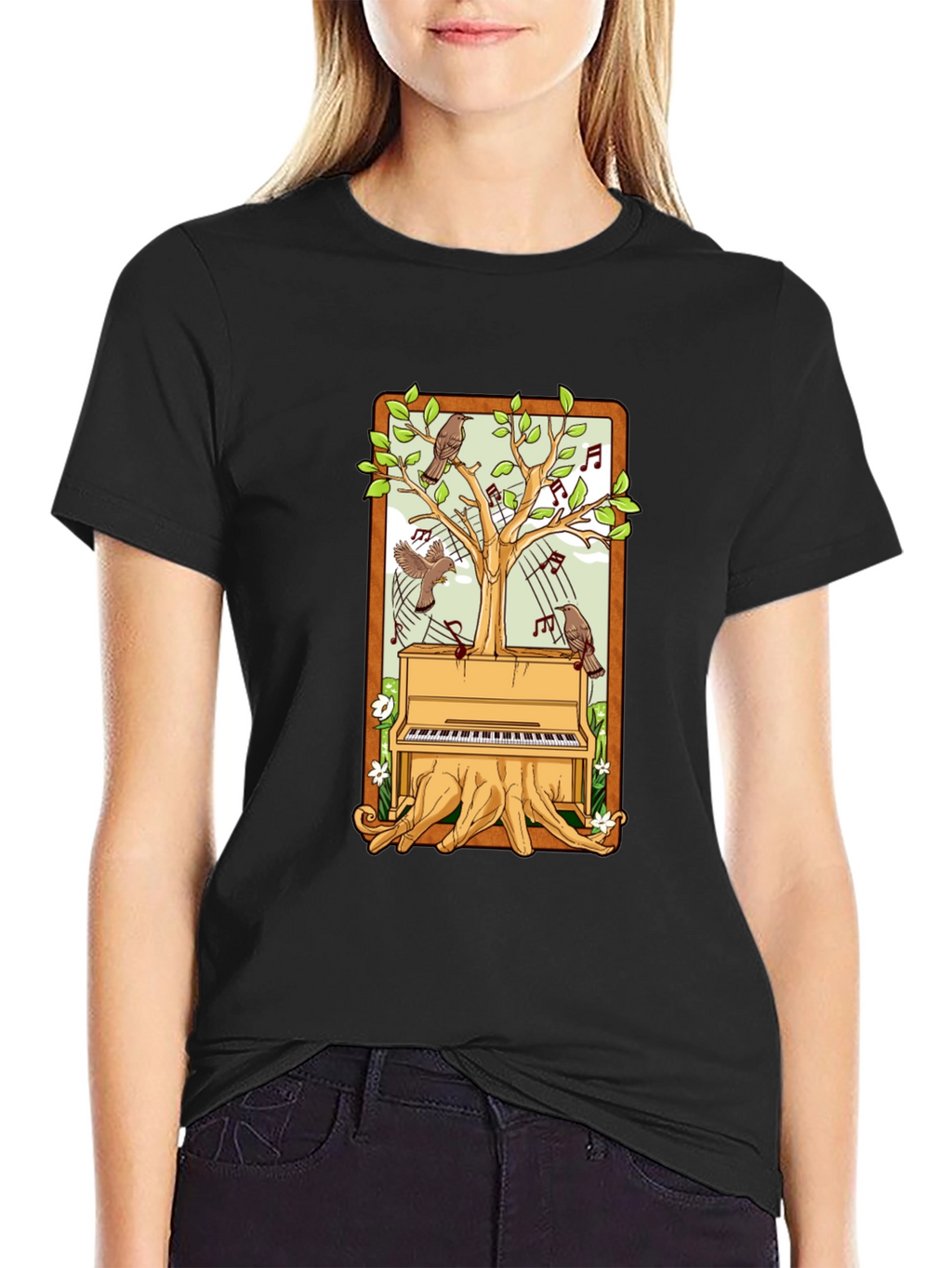 Piano Tree Black T-Shirt: Musical Nature Design