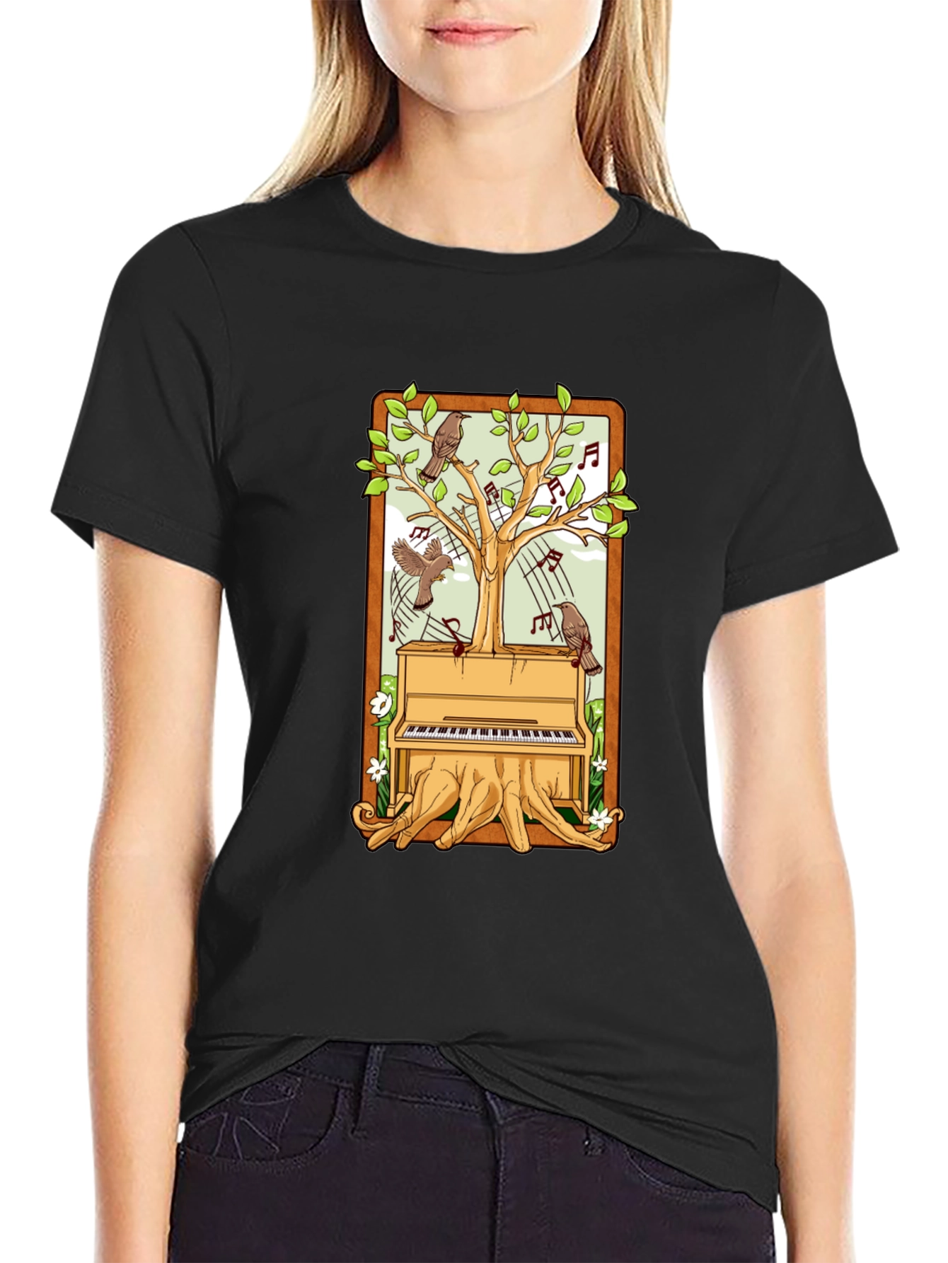 Piano Tree Black T-Shirt: Musical Nature Design