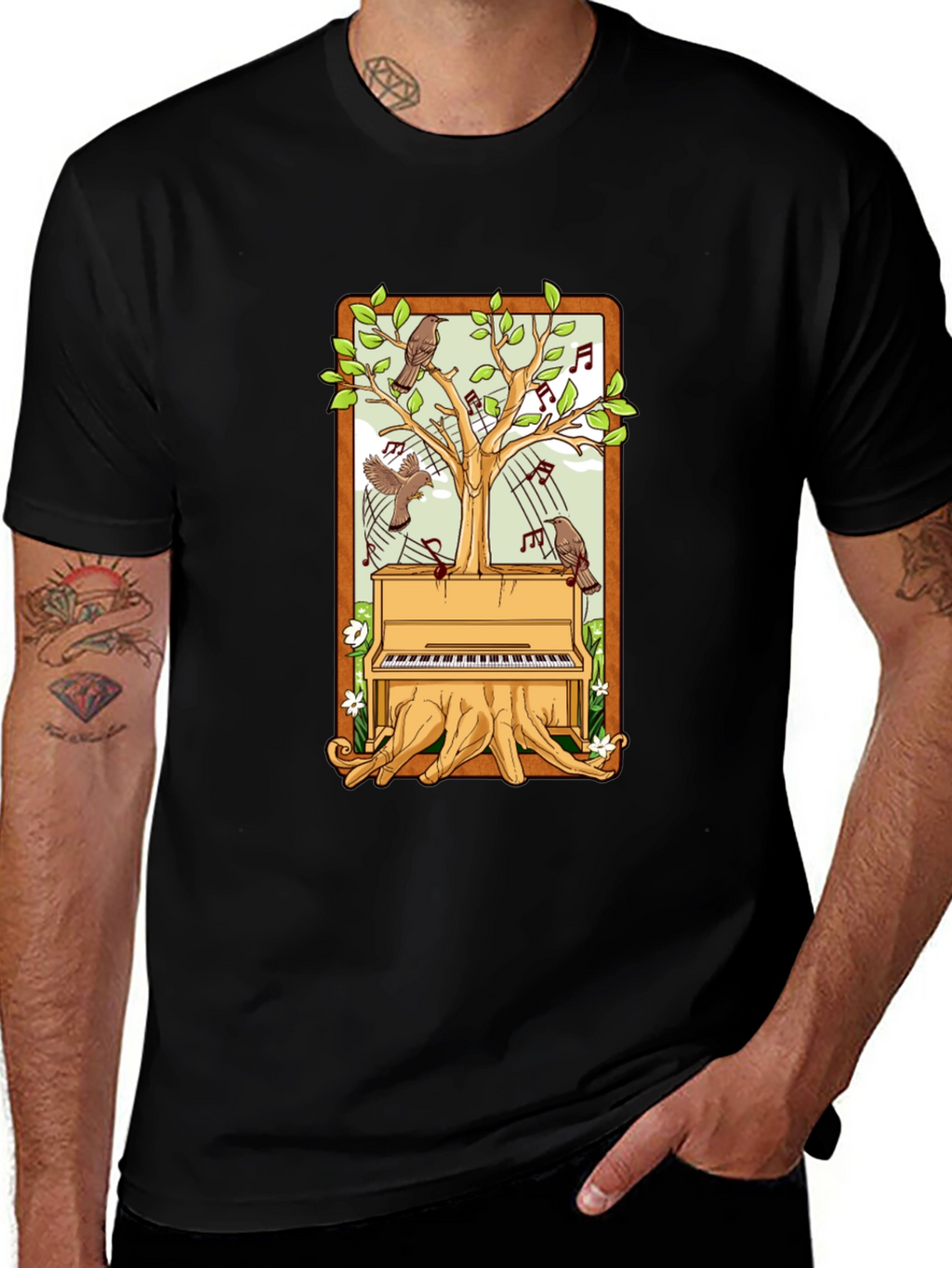 Piano Tree Black T-Shirt: Musical Nature Design