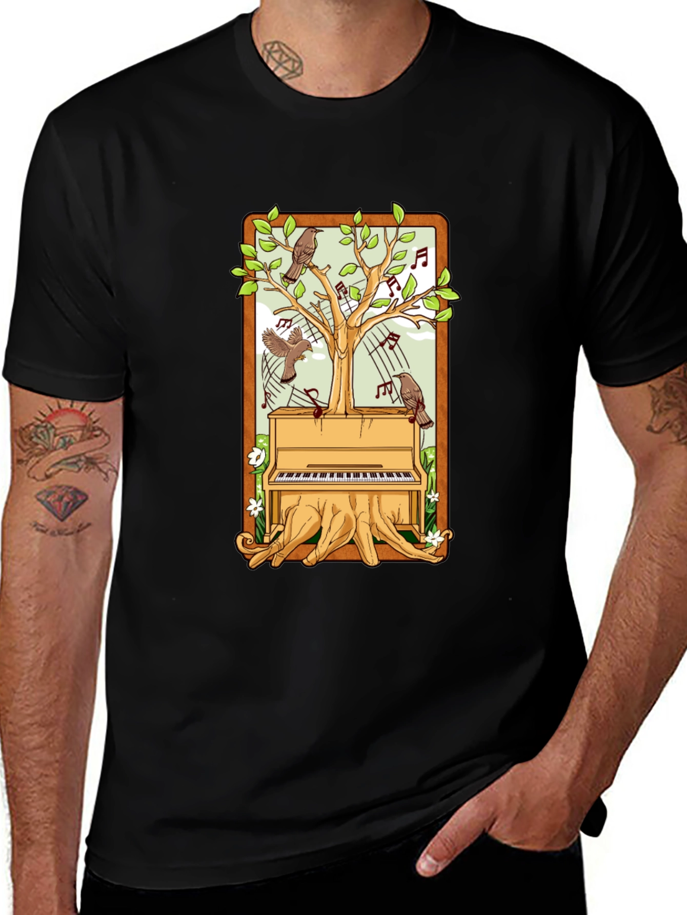 Piano Tree Black T-Shirt: Musical Nature Design