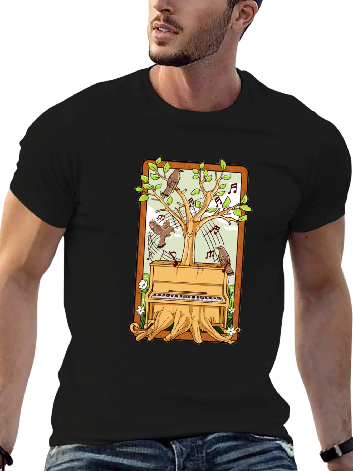 Piano Tree Black T-Shirt: Musical Nature Design